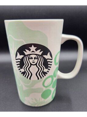 Starbucks Coffee Mug Green Flower Floral Abstract Circles White 2015 16oz Read